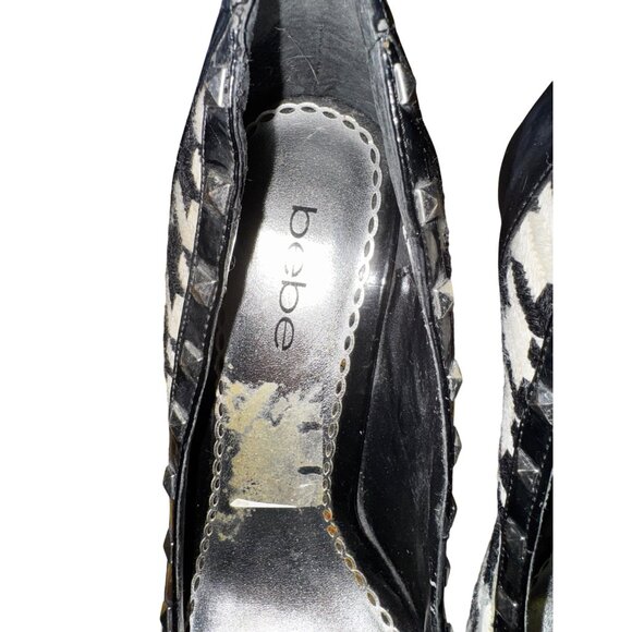 BEBE Black White Houndstooth Platform Peep Toe Pump Studded Size 10‎ Stilettos - Picture 5 of 10